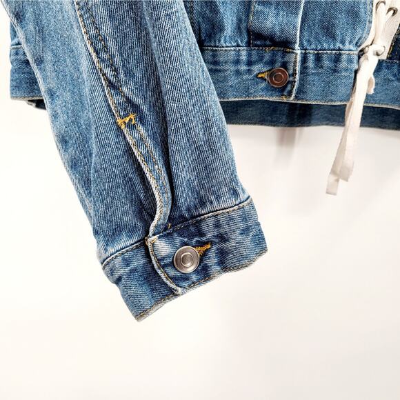 Love Tree Denim Blue Trucker Jacket 100% Cotton Long-sleeve Lace Up Women's Sz L - Picture 7 of 10